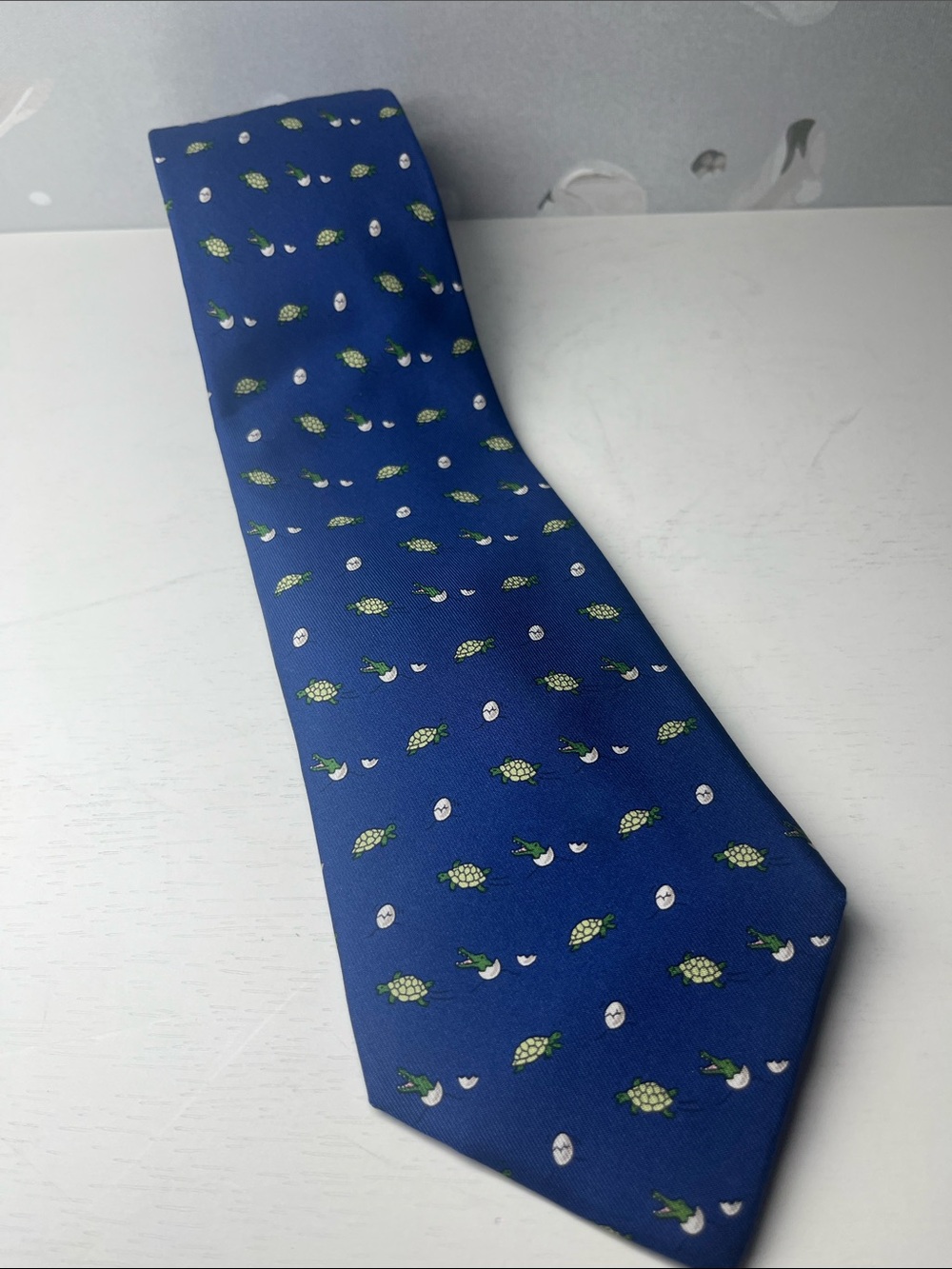 Hermes Silk Tie Blue Turtle Crocodile 5077 PA Made in Italy